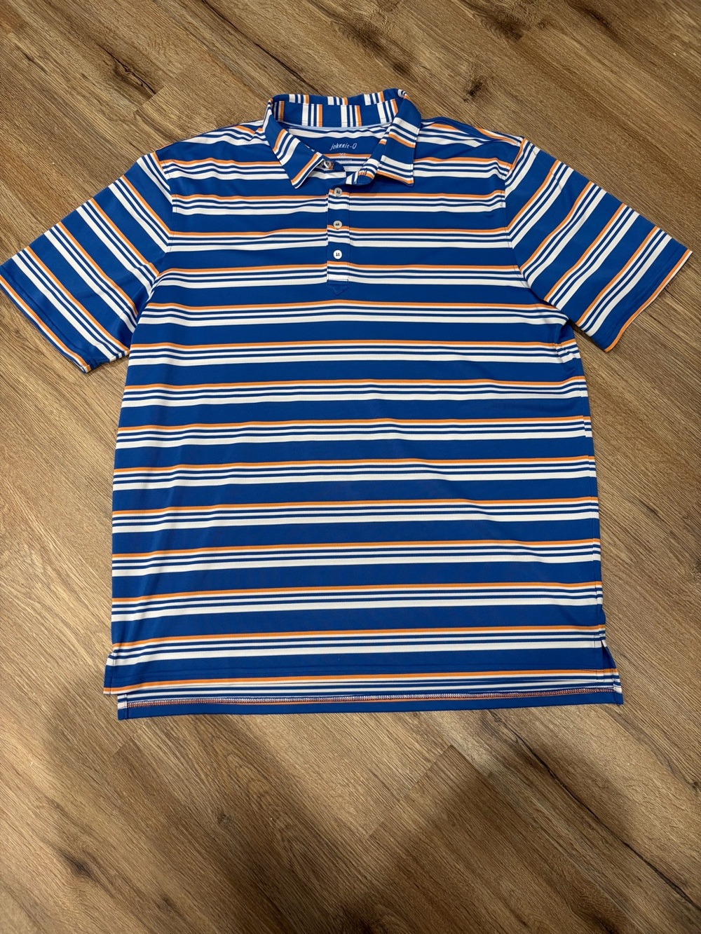 johnnie-O Royal Blue Short Sleeve Striped Polo with Orange Accents